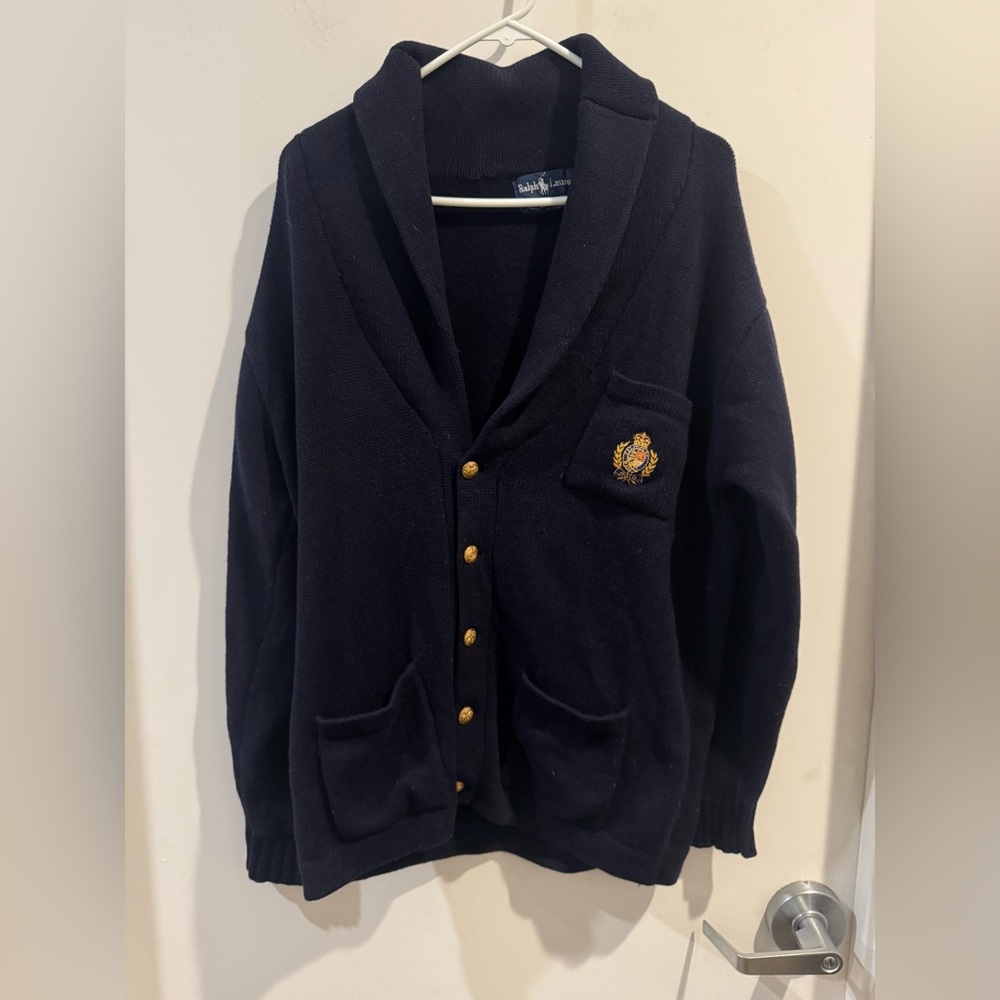Vintage 1980s Polo Ralph Lauren Lambswool Knit Shawl Collar Crest Cardigan M